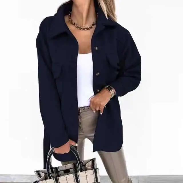 Women Woolen Lapel Shirt Coat Black 2021 Winter - Image 5