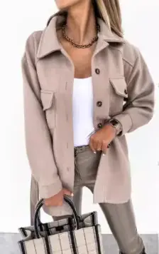 Women Woolen Lapel Shirt Coat Black 2021 Winter - Image 6