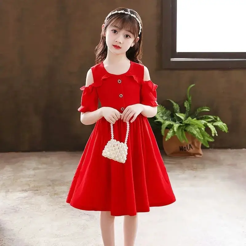 Girls' Pink Off-Shoulder Summer Dress