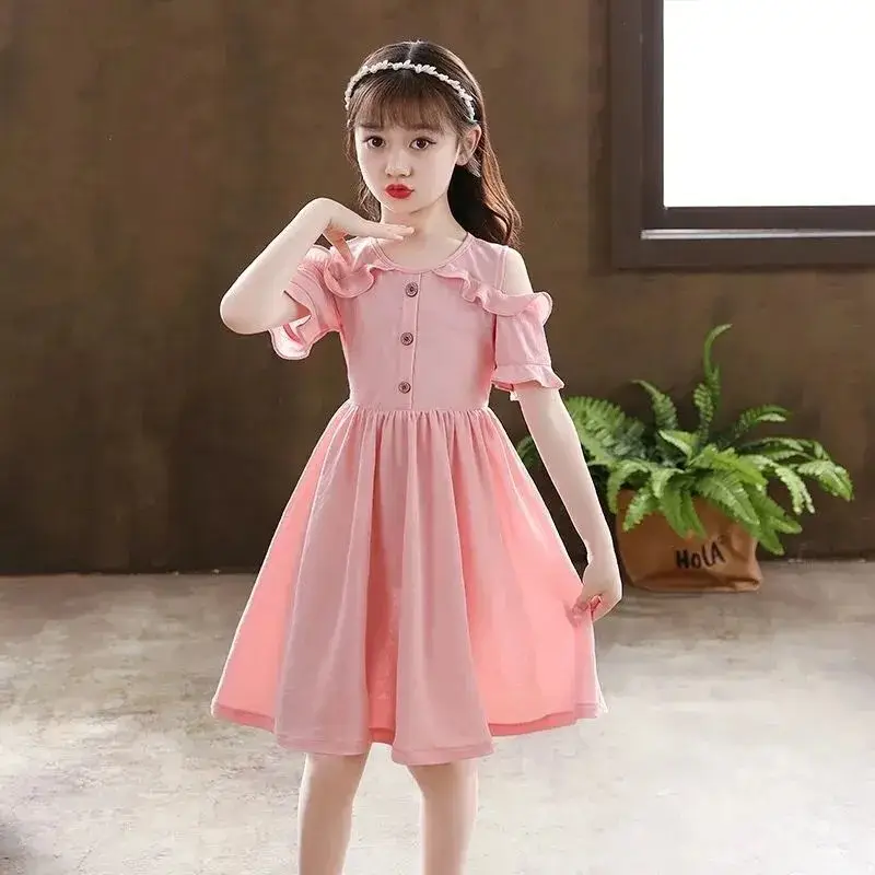 Girls' Pink Off-Shoulder Summer Dress