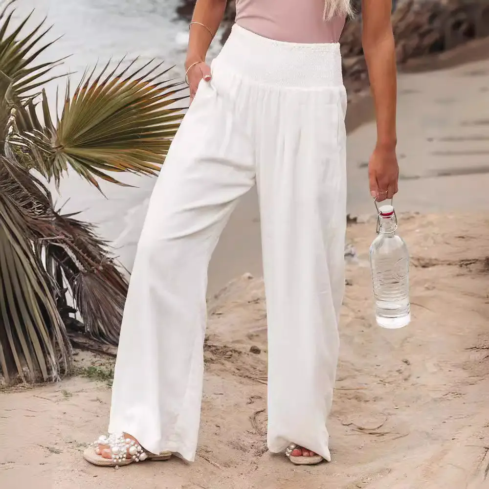Women Wide Leg Cotton Linen Pants White Summer - Image 16
