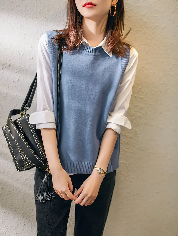 Women Wool Knitted Vest Blue Korean Style 2021 — feature 12