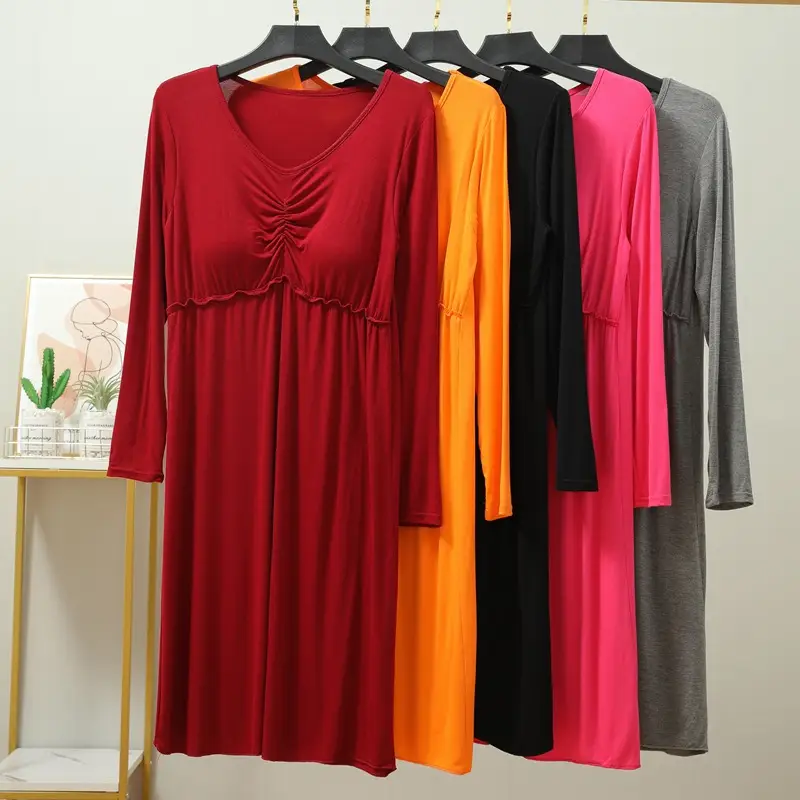 Korean Style Nightdress with Chest Pad, Black, Long Sleeve, Stretchable - Image 9