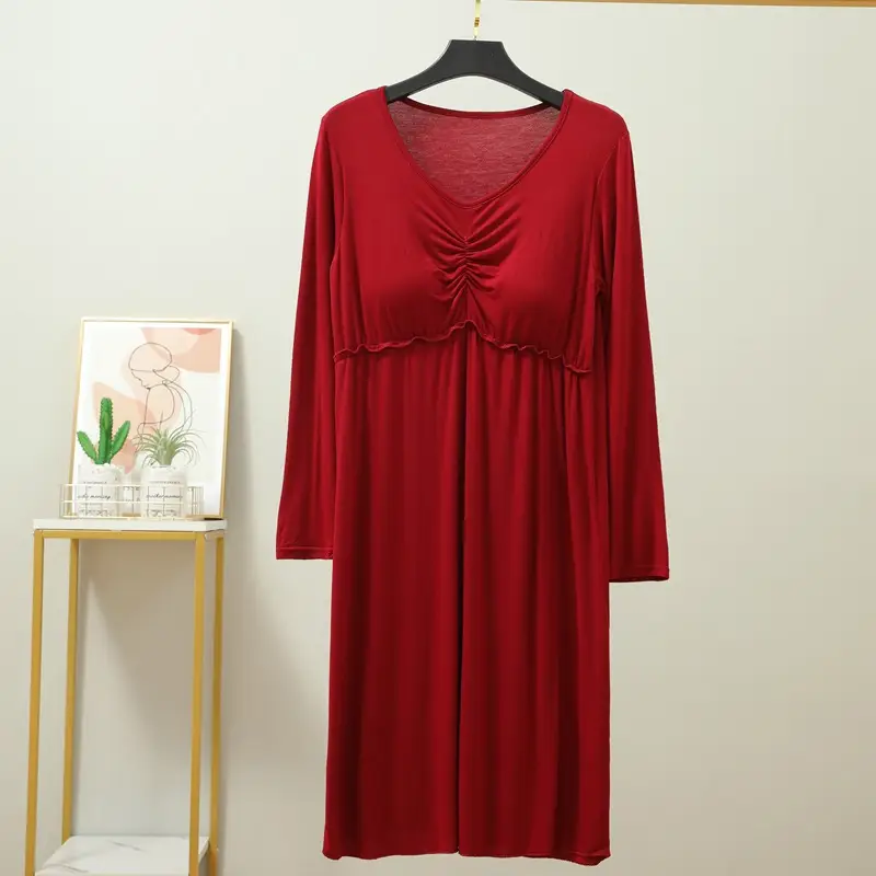 Korean Style Nightdress with Chest Pad, Black, Long Sleeve, Stretchable - Image 7