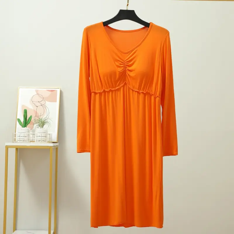 Korean Style Nightdress with Chest Pad, Black, Long Sleeve, Stretchable - Image 10