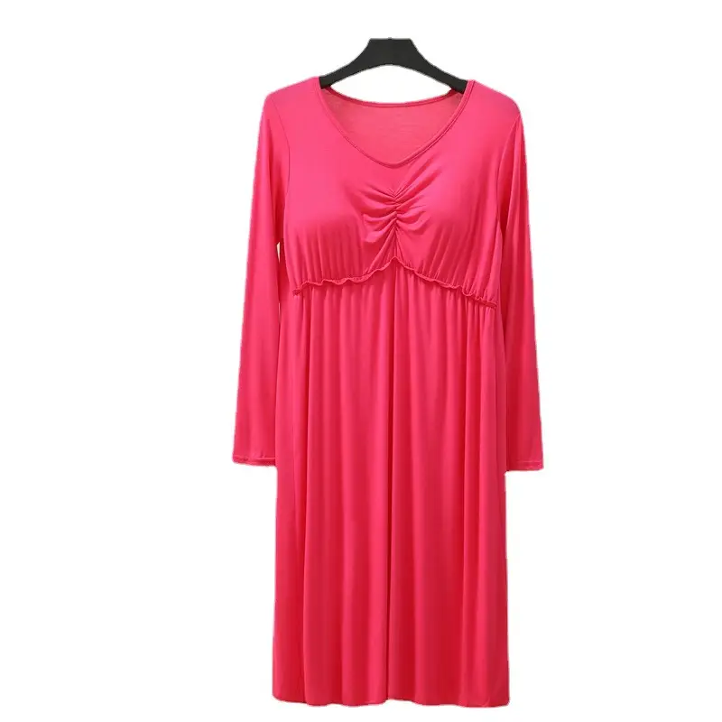Korean Style Nightdress with Chest Pad, Black, Long Sleeve, Stretchable - Image 11