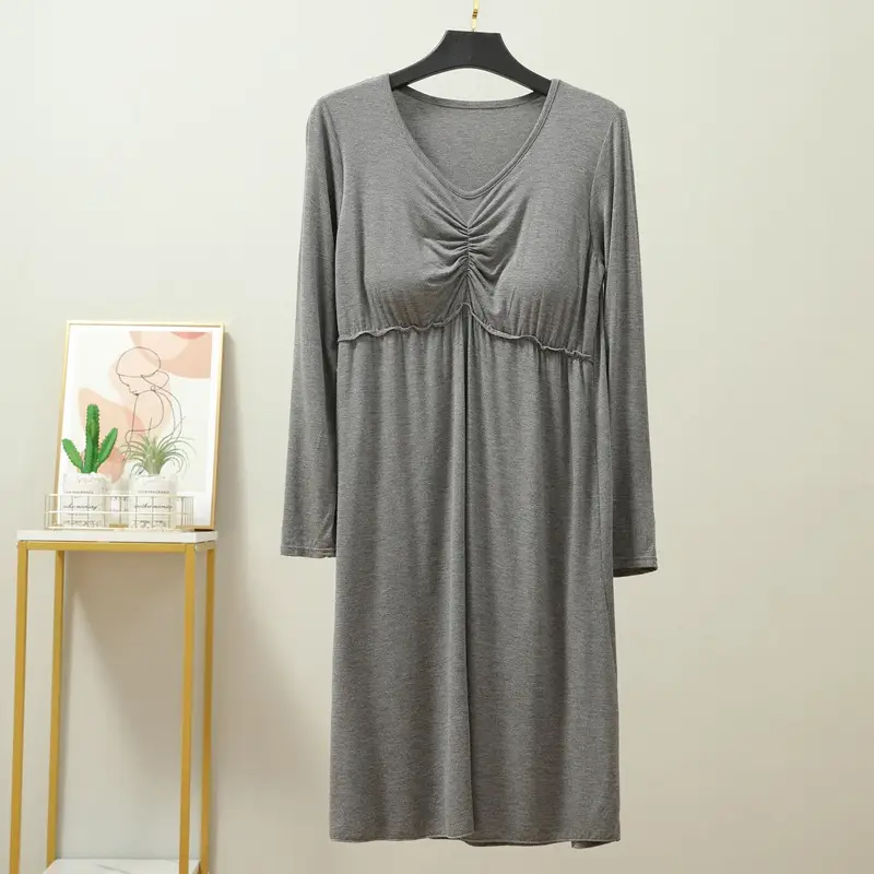 Korean Style Nightdress with Chest Pad, Black, Long Sleeve, Stretchable - Image 2