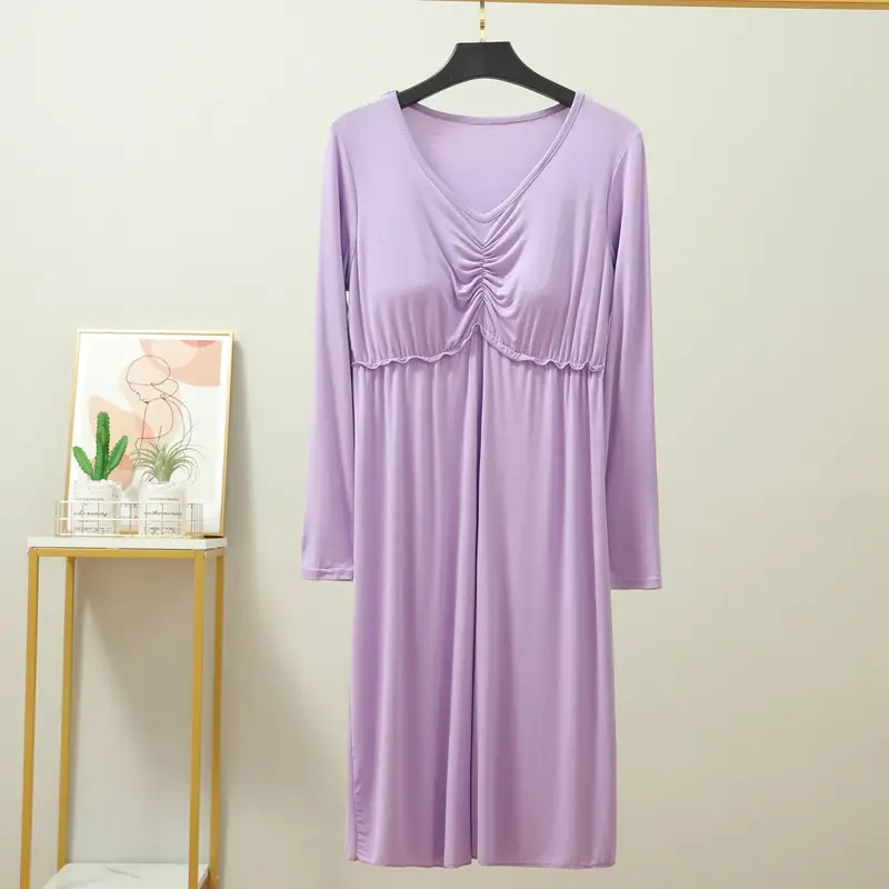 Korean Style Nightdress with Chest Pad, Black, Long Sleeve, Stretchable - Image 3
