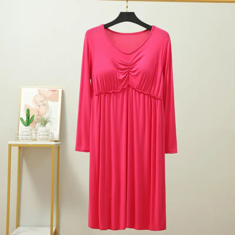 Korean Style Nightdress with Chest Pad, Black, Long Sleeve, Stretchable - Image 4