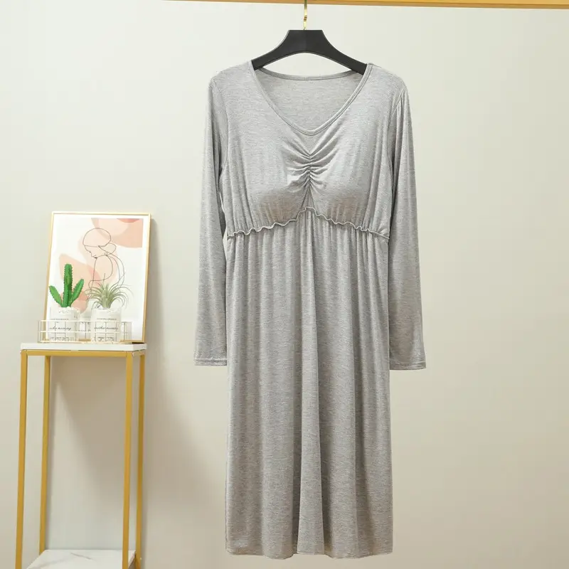 Korean Style Nightdress with Chest Pad, Black, Long Sleeve, Stretchable - Image 5