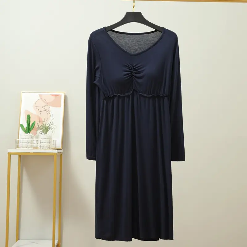 Korean Style Nightdress with Chest Pad, Black, Long Sleeve, Stretchable - Image 6