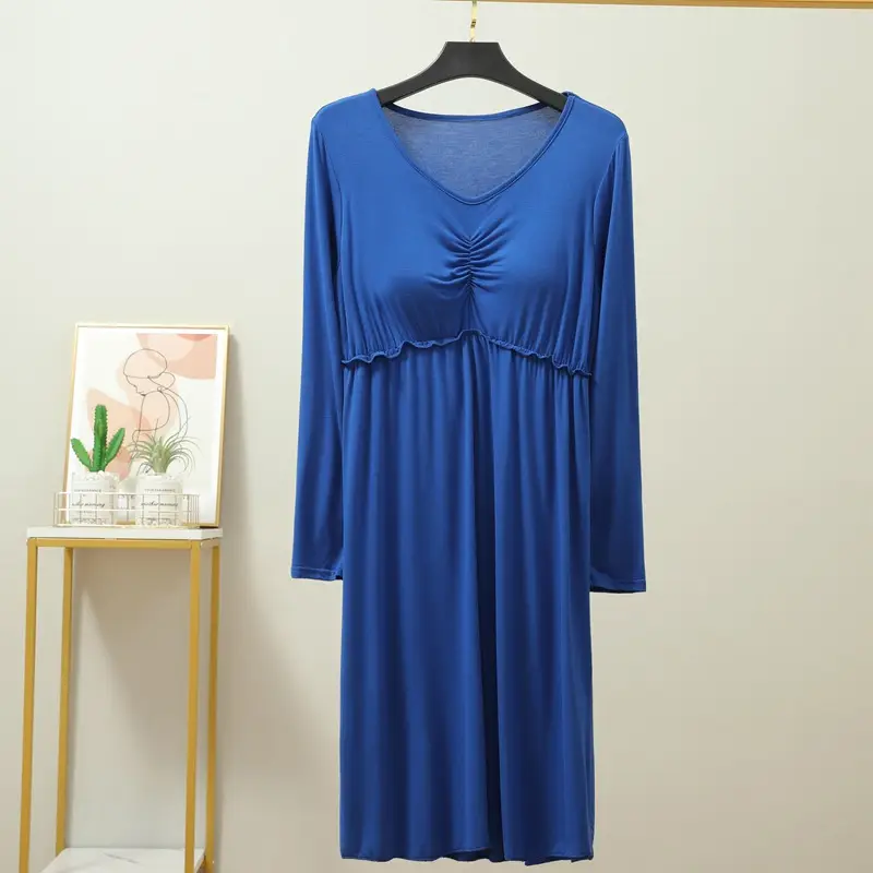 Korean Style Nightdress with Chest Pad, Black, Long Sleeve, Stretchable - Image 8
