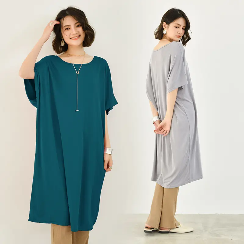 Japanese Style Modal Pullover Dress Teal Round Neck Batwing Sleeve Midi - Image 9