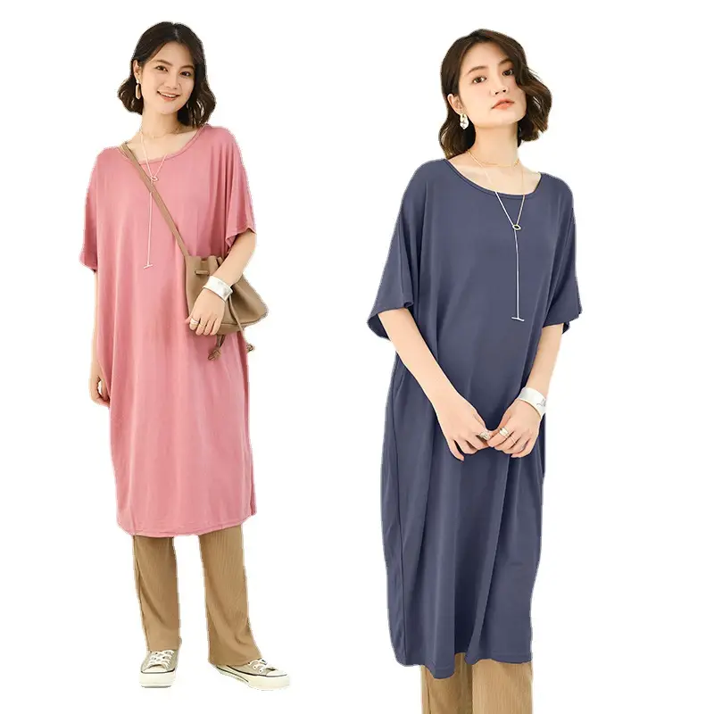 Japanese Style Modal Pullover Dress Teal Round Neck Batwing Sleeve Midi - Image 12