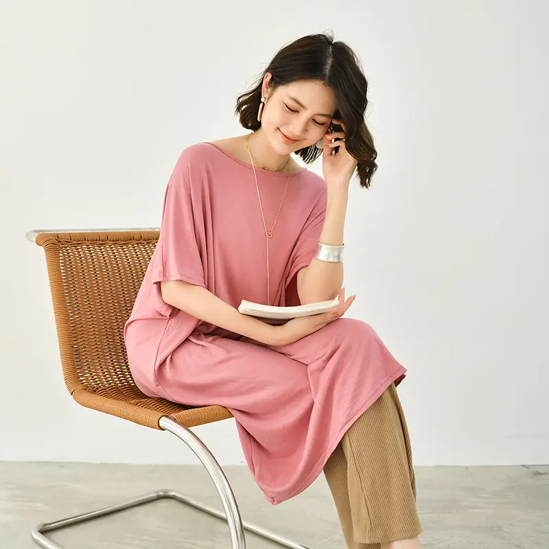Japanese Style Modal Pullover Dress Teal Round Neck Batwing Sleeve Midi - Image 2