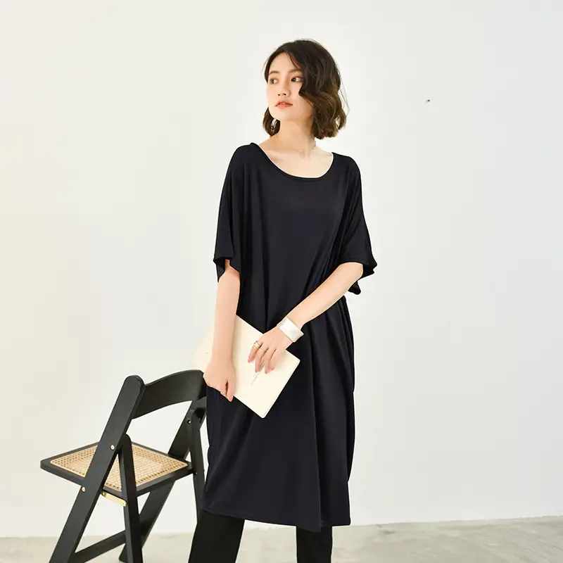 Japanese Style Modal Pullover Dress Teal Round Neck Batwing Sleeve Midi - Image 3