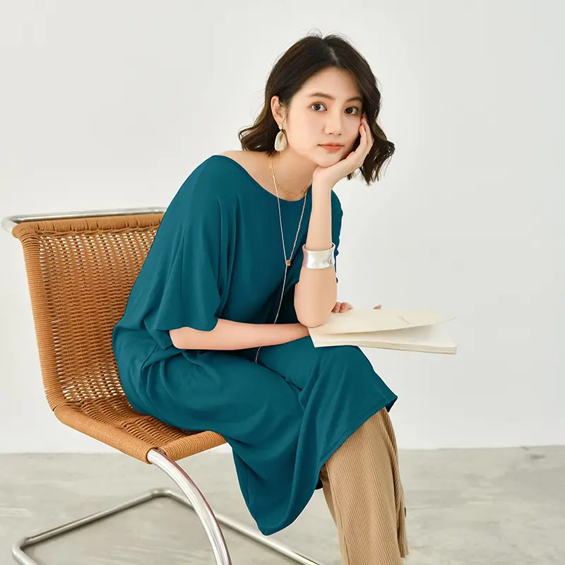 Japanese Style Modal Pullover Dress Teal Round Neck Batwing Sleeve Midi - Image 4