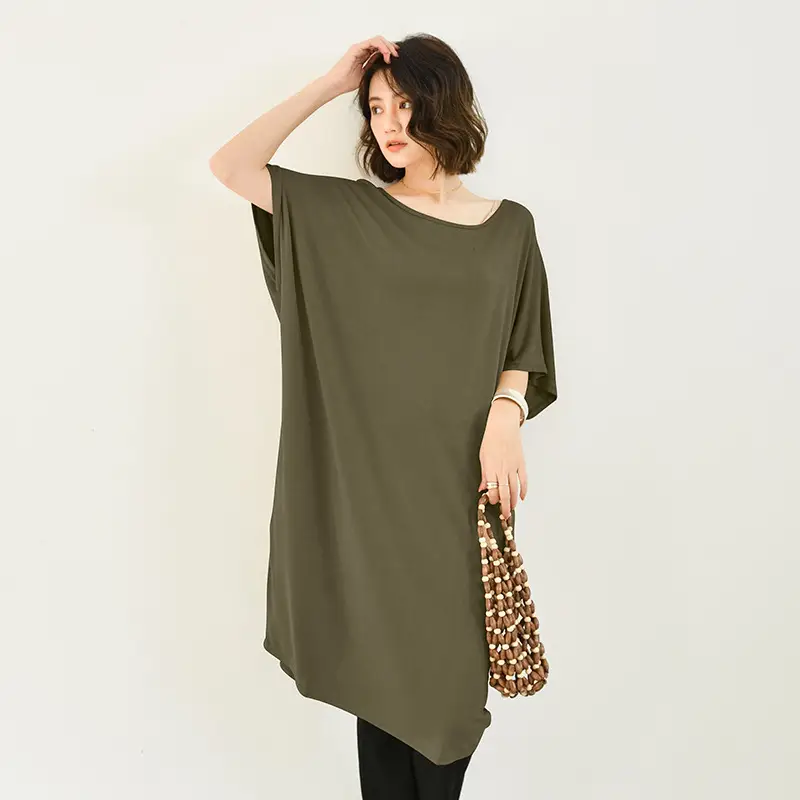 Japanese Style Modal Pullover Dress Teal Round Neck Batwing Sleeve Midi - Image 5