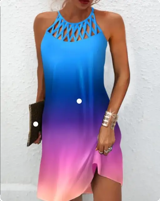 Women's Blue Mesh Sleeveless Dress with Patterned Shorts - Image 8