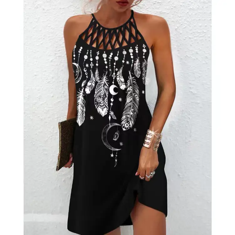 Women's Blue Mesh Sleeveless Dress with Patterned Shorts - Image 14