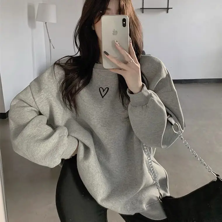 Women Velvet Heart Sweatshirt Grey Loose Long Sleeve - Image 8