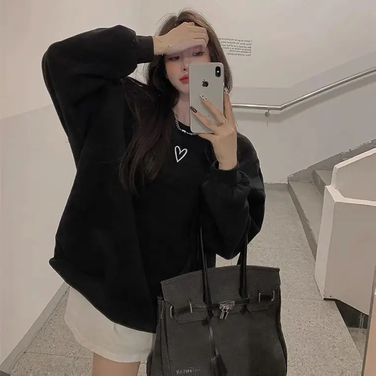 Women Velvet Heart Sweatshirt Grey Loose Long Sleeve - Image 9