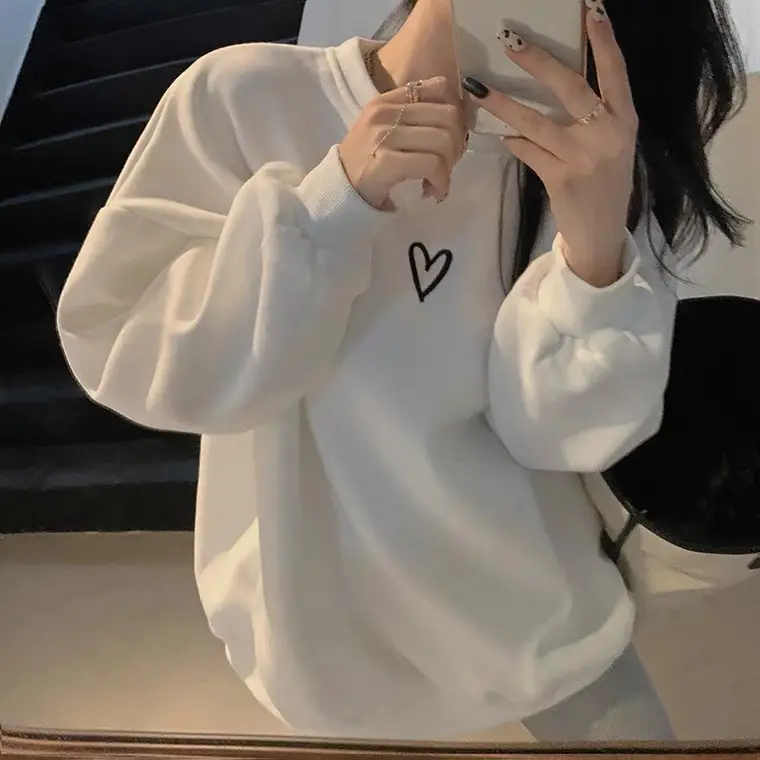 Women Velvet Heart Sweatshirt Grey Loose Long Sleeve - Image 10