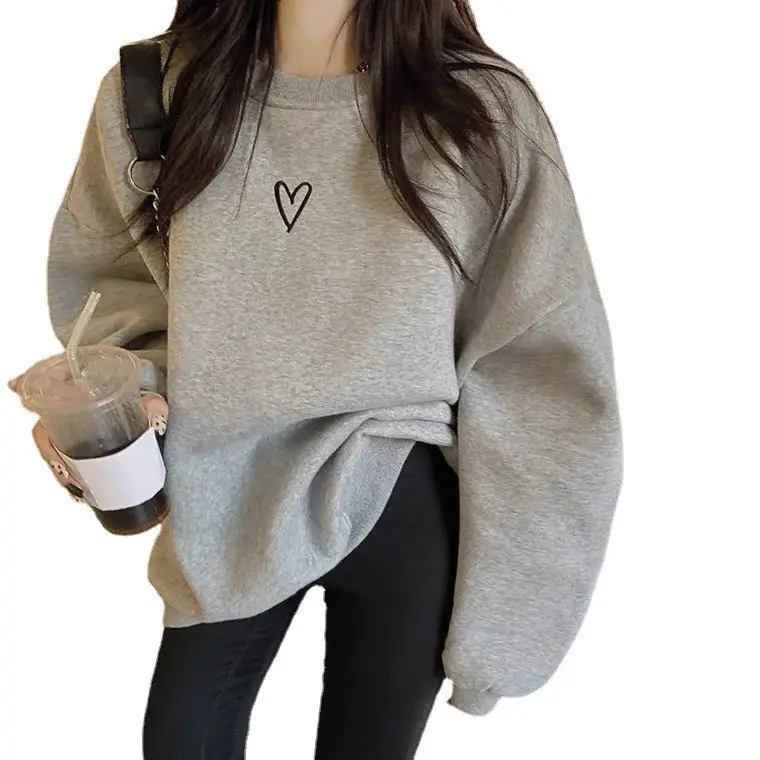 Women Velvet Heart Sweatshirt Grey Loose Long Sleeve - Image 11