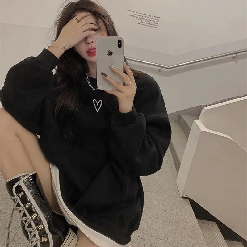 Women Velvet Heart Sweatshirt Grey Loose Long Sleeve — feature 11