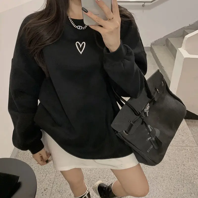 Women Velvet Heart Sweatshirt Grey Loose Long Sleeve — feature 12