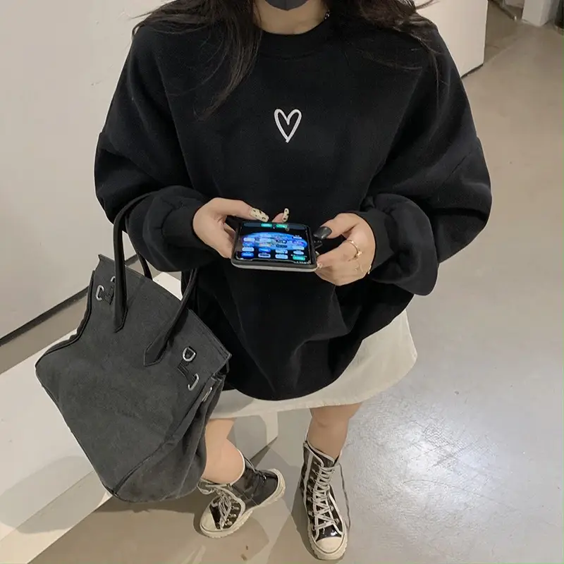Women Velvet Heart Sweatshirt Grey Loose Long Sleeve — feature 13