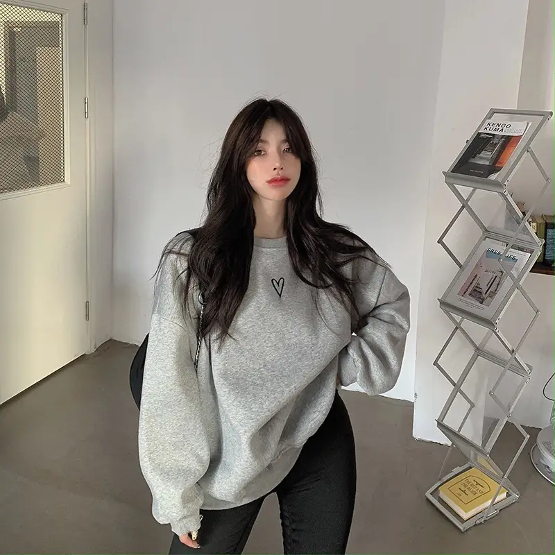 Women Velvet Heart Sweatshirt Grey Loose Long Sleeve — feature 15