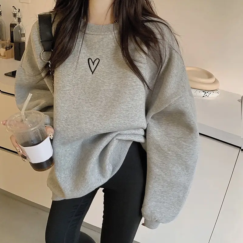 Women Velvet Heart Sweatshirt Grey Loose Long Sleeve — feature 17