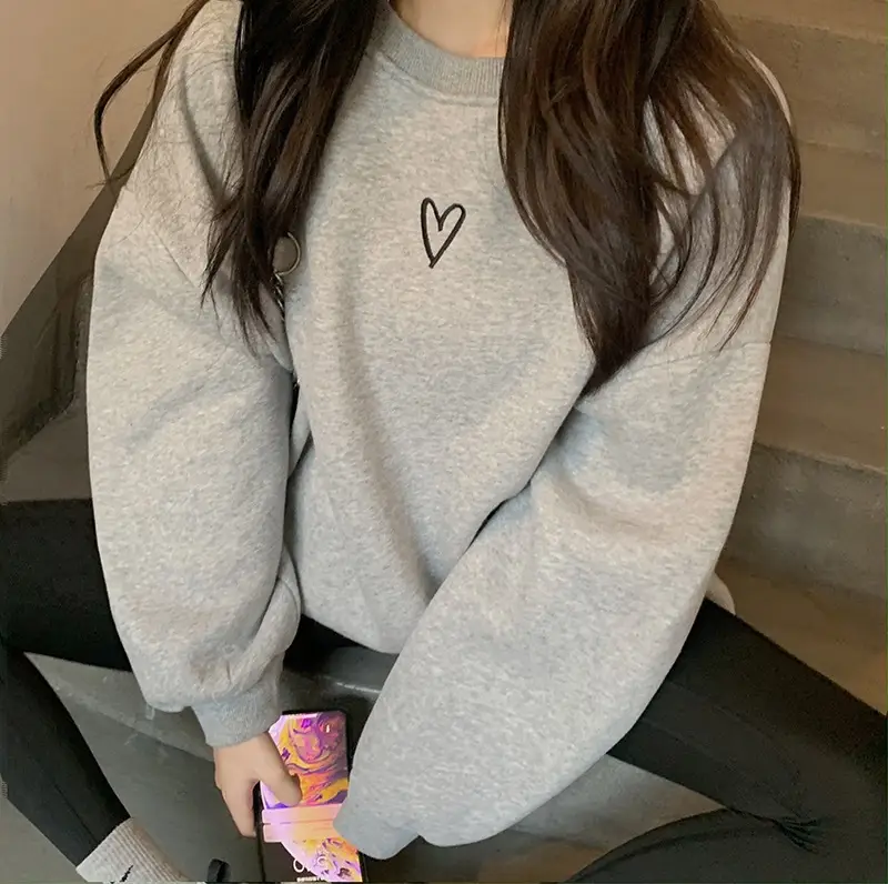 Women Velvet Heart Sweatshirt Grey Loose Long Sleeve — feature 18