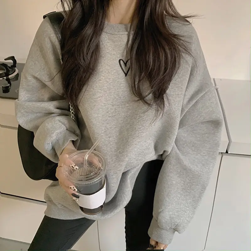 Women Velvet Heart Sweatshirt Grey Loose Long Sleeve — feature 19