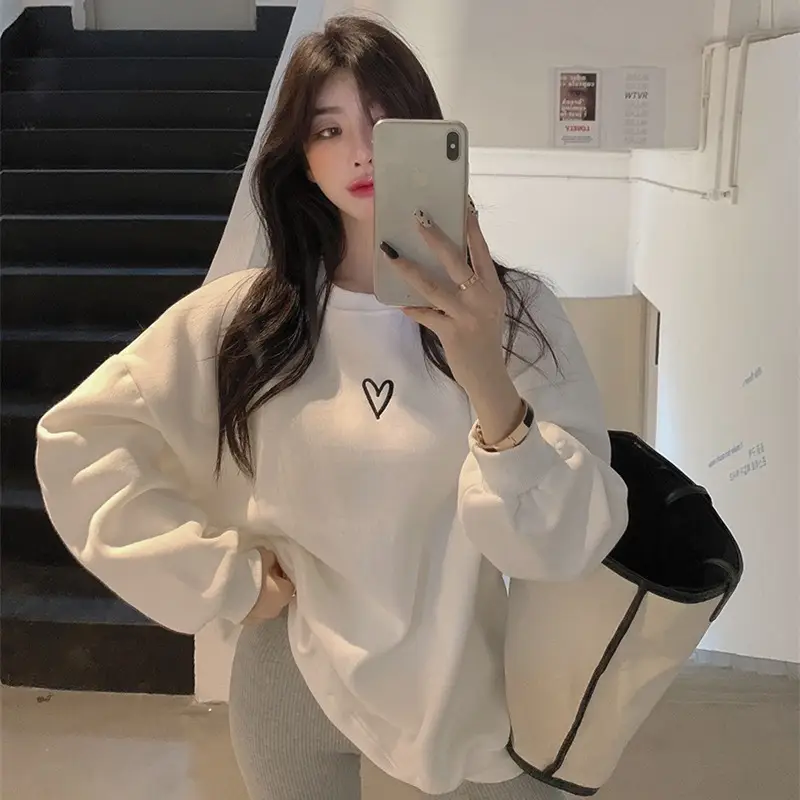 Women Velvet Heart Sweatshirt Grey Loose Long Sleeve — feature 3