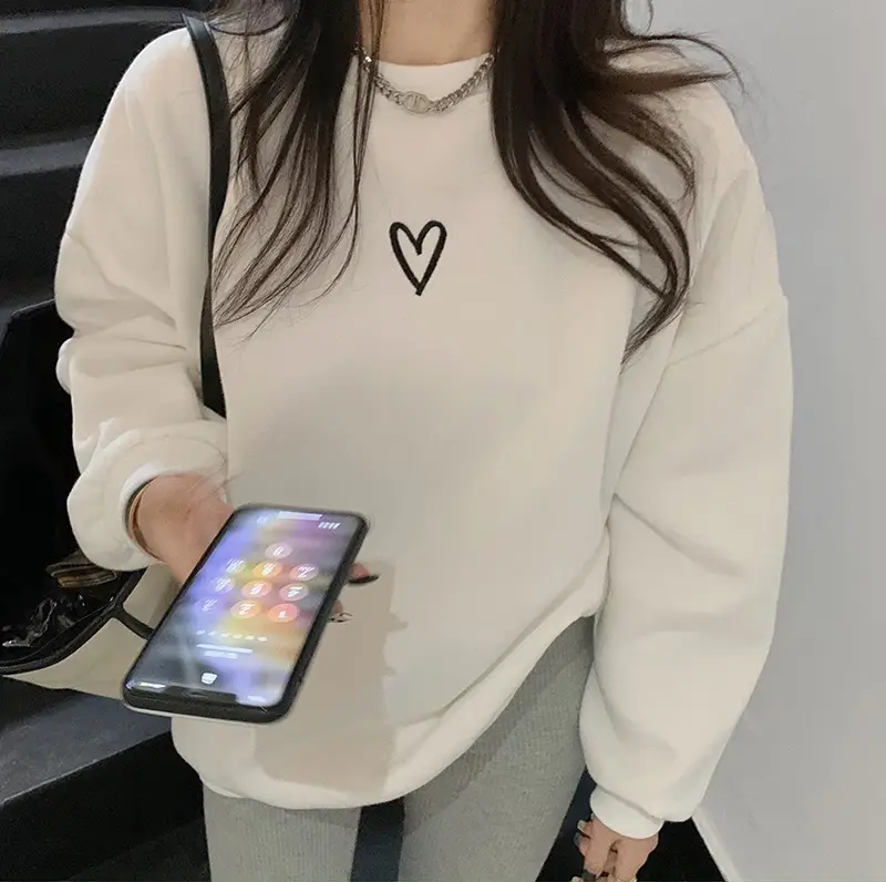Women Velvet Heart Sweatshirt Grey Loose Long Sleeve — feature 5