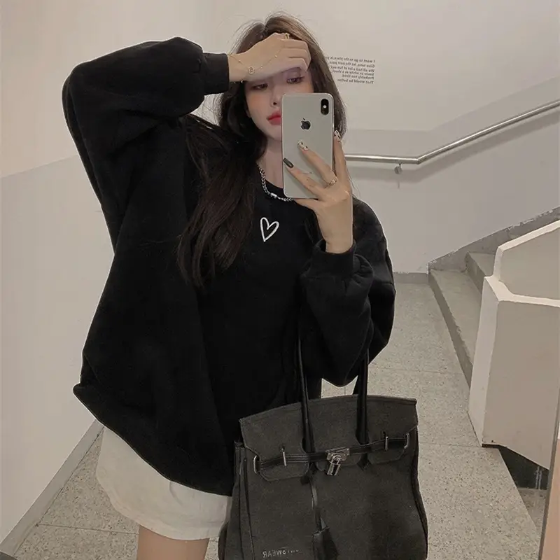 Women Velvet Heart Sweatshirt Grey Loose Long Sleeve — feature 9