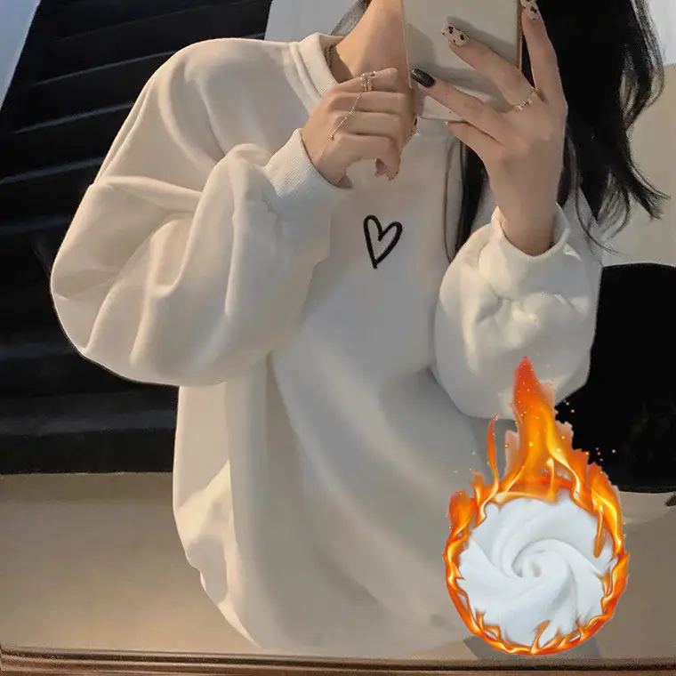 Women Velvet Heart Sweatshirt Grey Loose Long Sleeve - Image 2