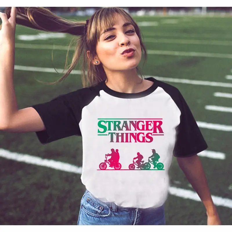 Stranger Things Raglan T-Shirt White Black Loose Fit - Image 3