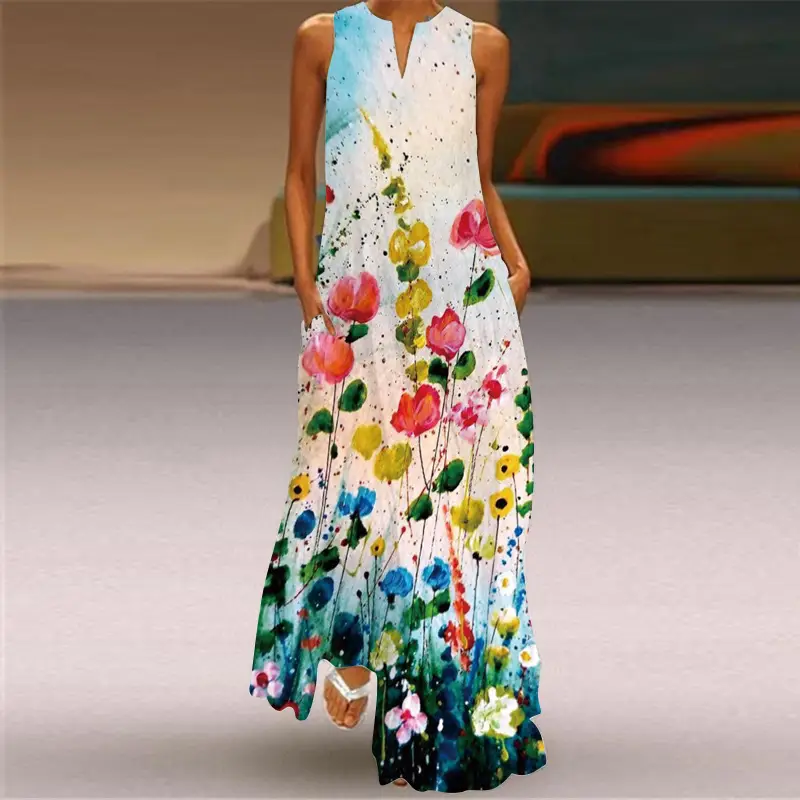 2026 Summer V-Neck Sleeveless Long Dress Multi-Color Floral Print - Image 3