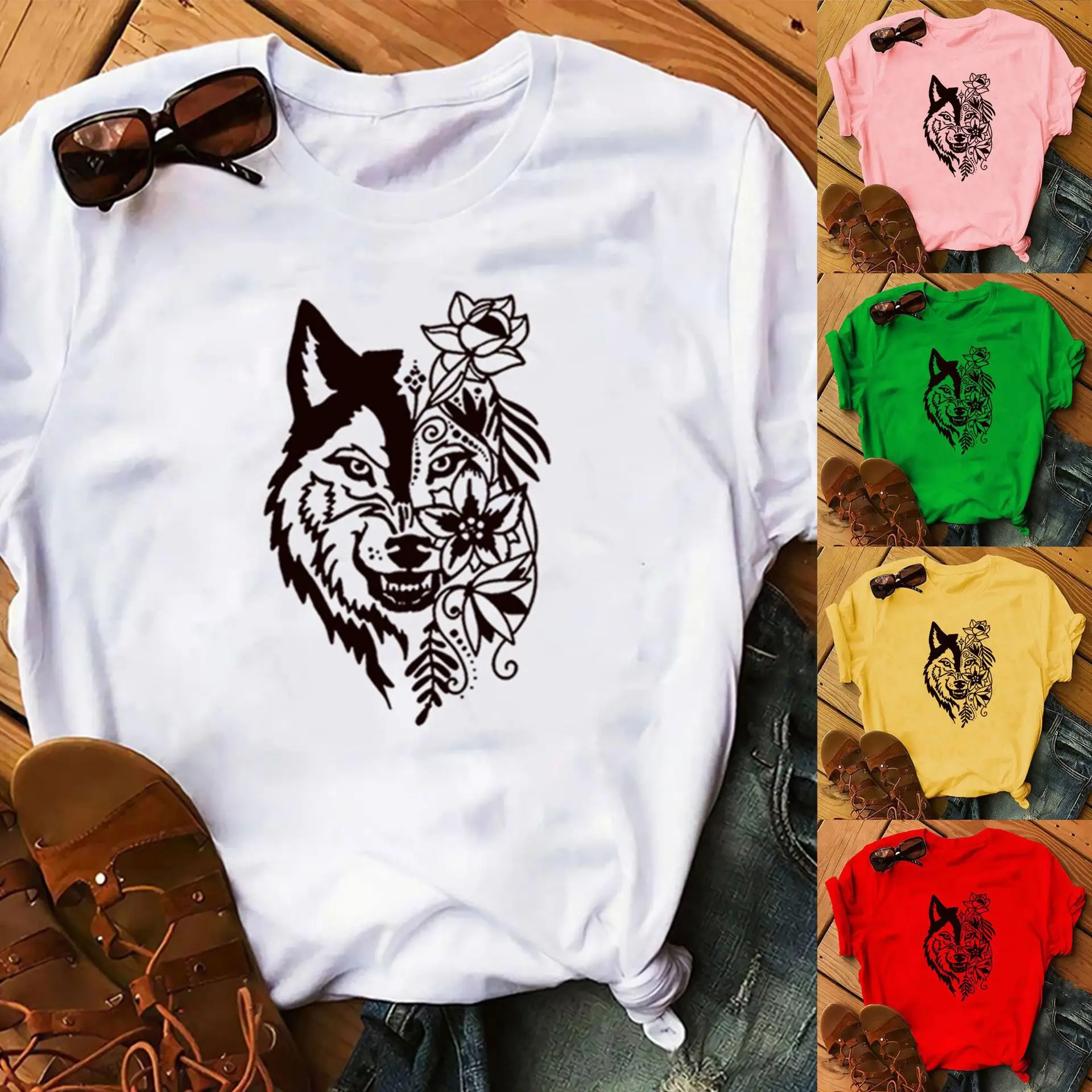 Women Blue T-Shirt with Wolf Flower Print - Image 18