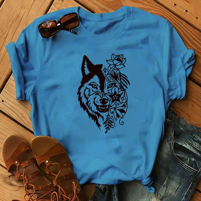 Women Blue T-Shirt with Wolf Flower Print - Image 19
