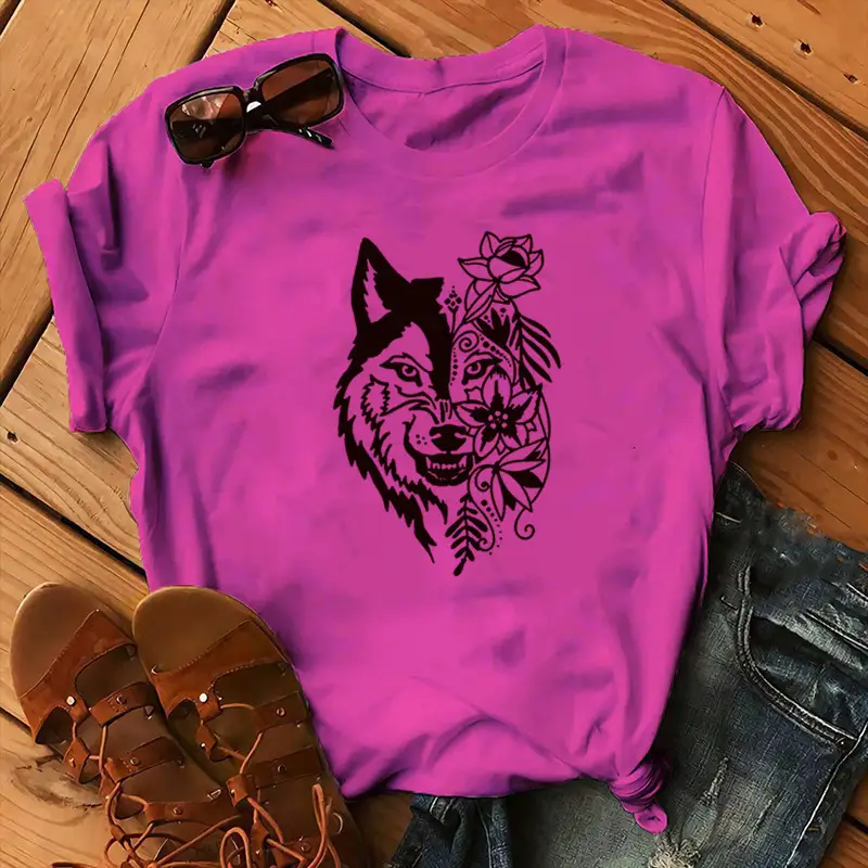 Women Blue T-Shirt with Wolf Flower Print - Image 20