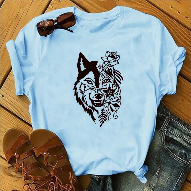 Women Blue T-Shirt with Wolf Flower Print - Image 21