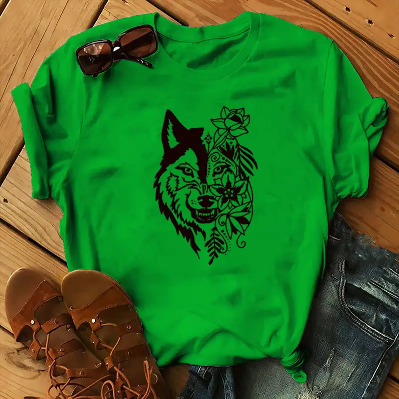 Women Blue T-Shirt with Wolf Flower Print - Image 10