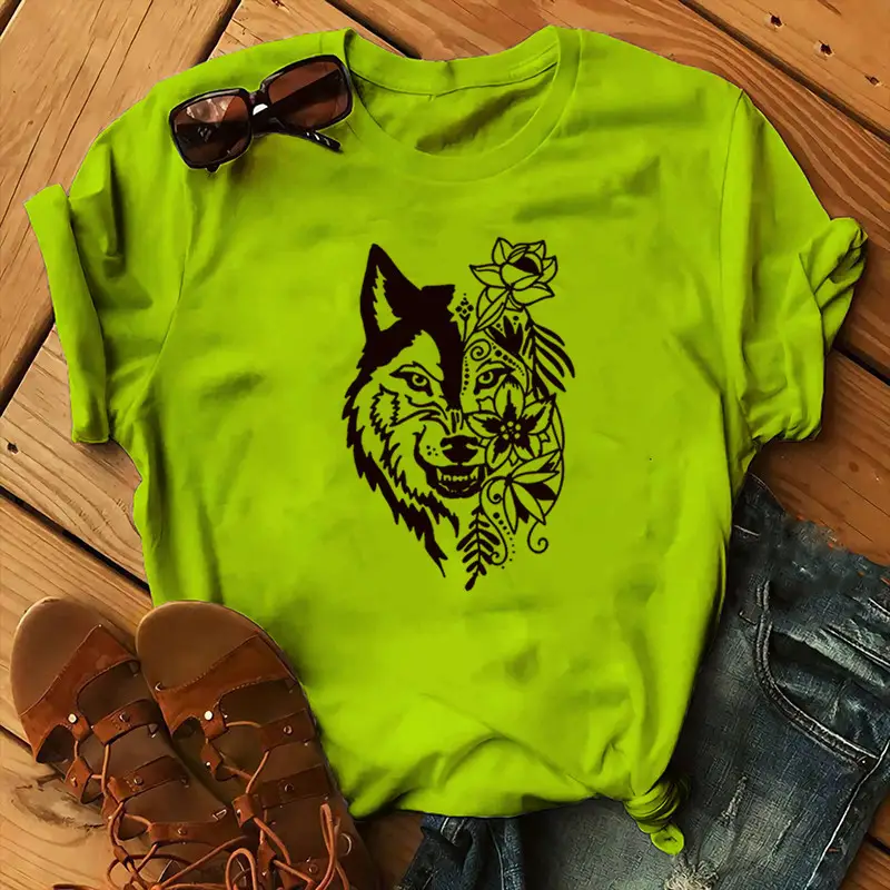 Women Blue T-Shirt with Wolf Flower Print - Image 11