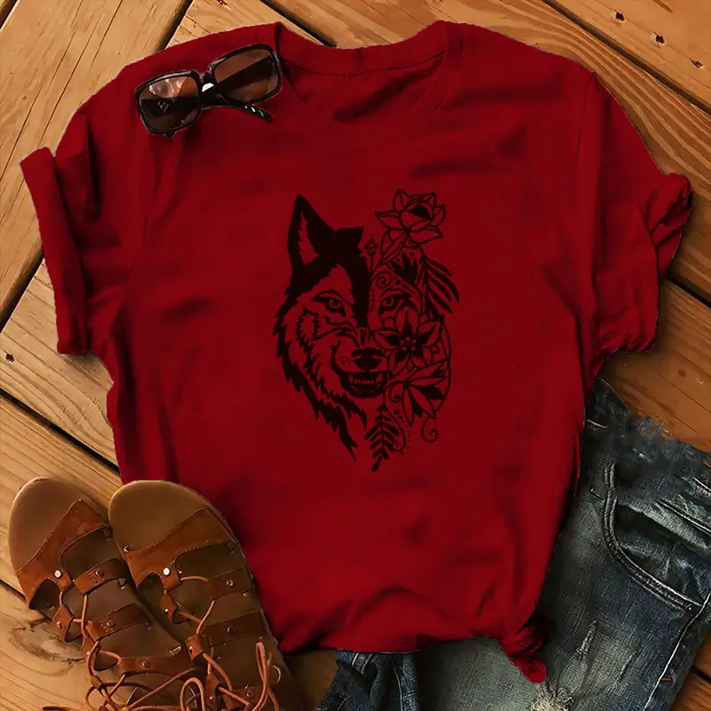 Women Blue T-Shirt with Wolf Flower Print - Image 12