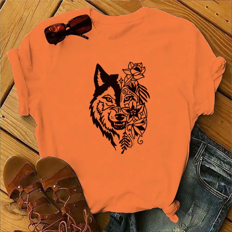 Women Blue T-Shirt with Wolf Flower Print - Image 13