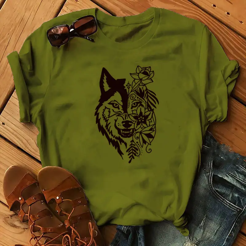 Women Blue T-Shirt with Wolf Flower Print - Image 14